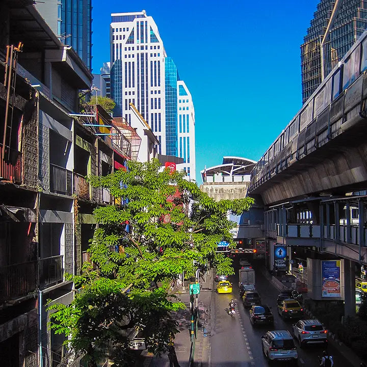 Bangkok, Thailand city street near the BTS Train Line.